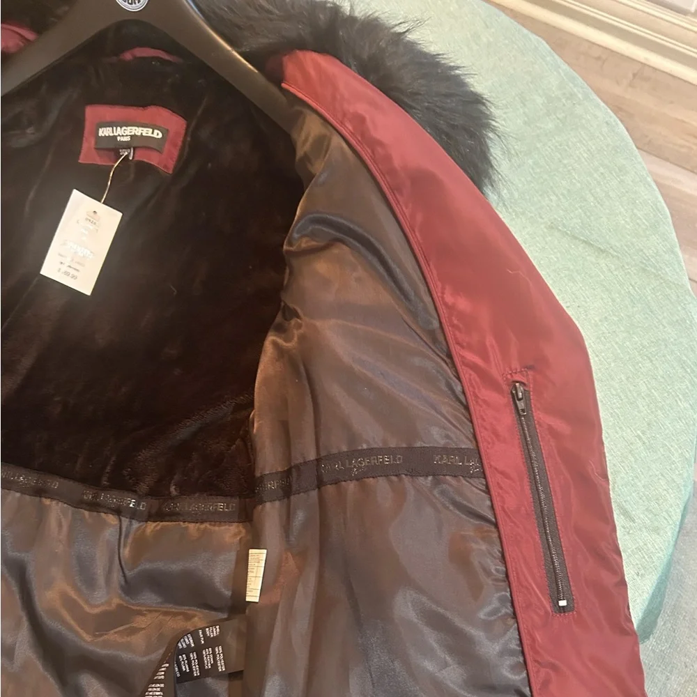 Karl Lagerfeld Paris Faux Fur Collar Puffer Jacket in Oxblood - Picture 13 of 15